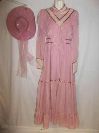 Vtg 70s Jc Penney Rose Pink Lace Trim Sheer Prairie Maxi Dress 9/10 & Hat