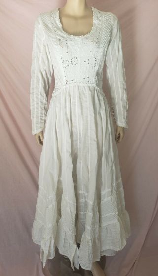 Vtg White Lace Prairie Dress Ruffled Wedding Victorian Gunne Sax Style Sz Xs/s