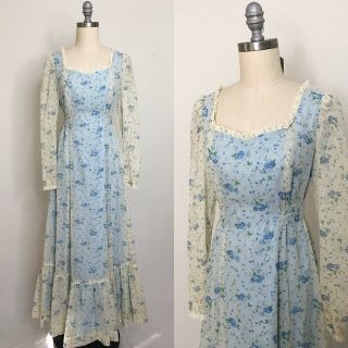 Vintage 70s Blue Calico Prairie Dress Size Medium