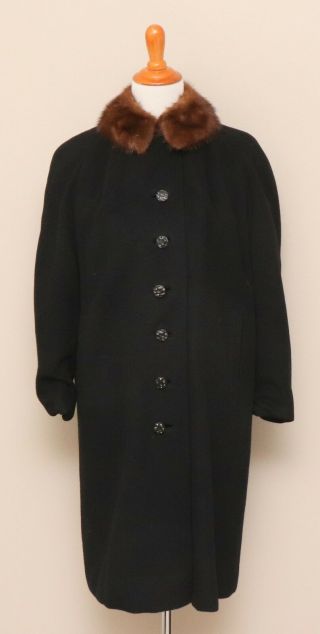 Vintage 1960s Womens Imperator Black Oriental Cashmere Coat With Mink Collar