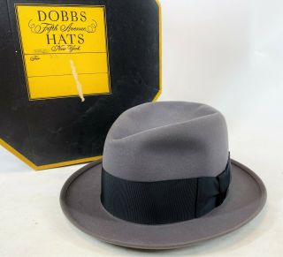 Rare Dobbs Nyc Vintage Fifteen Tycoon Gray Homburg Fedora Hat Cap 7 3/8 W/ Box