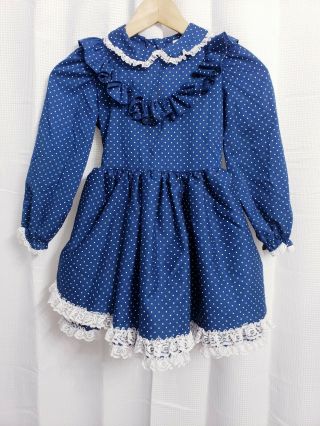 VTG MISS QUALITY BlueWhite Polka Dot Lace Ruffle Party Dress Girls size 6X USA 2