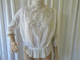 Antique Edwardian Lawn Blouse W/ French Bobbin Lace Inserts & Embroidery