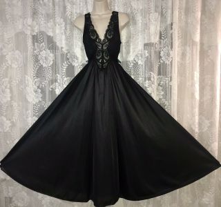 Vtg L Xl Black Olga Full Sweep Classic Nightgown Negligee Gown 92280
