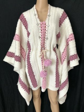 Vtg 70s Hand - Knit - Crochet Granny Kimono Sleeves Boho Hippie Mini Dress Belt S - M