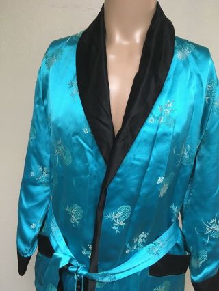 Vtg 60s Royal Tailors Thailand Silk Floral Print Smoking Jacket Aqua/black M