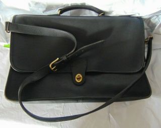 Vtg Coach Black Leather Briefcase / Tote / Bag W/ Shoulder Strap - Made In Usa