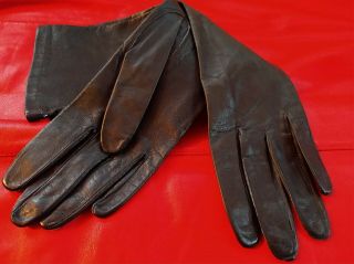 Vtg Sz: 8 - 15 " Long - Silk Lined Black Kid Skin Leather Gloves Cocktail Evening