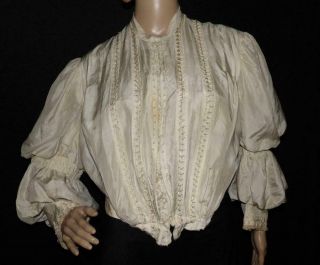 Antique Victorian Edwardian Cream Silk Satin Handwork Dress Pigeon Blouse Bodice