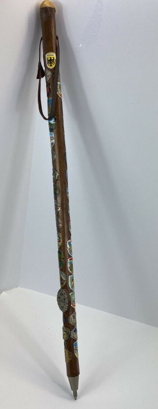 Vintage German Cane Walking Stick W/ Badges 35 " Metal Tip 38 3/4 Long