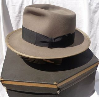 Sz 6 7/8″ Vintage Adam Fedora Hat W Box Premier Quality Gray Fur Felt Black Band
