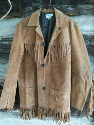 Vintage Mens Hippie Western Suede Leather Fringe Buckskin Jacket Coat Size 44 Xl
