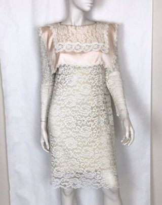 Vtg 80s Jessica Mcclintock Sheer Lace Slip Dress White Pink M Pilgrim Prairie
