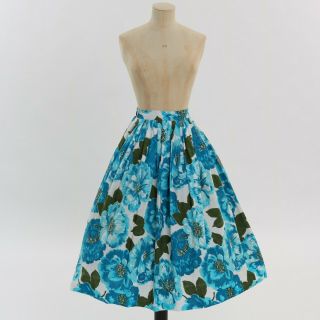 Vintage 1950s Vibrant Blue Floral Print Cotton Skirt By Joan Kay Uk 6 8