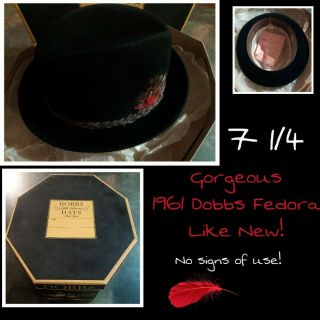 Dobbs Fedora Felt Hat 7 1/4 Black Vintage Rare Box Receipt 1960