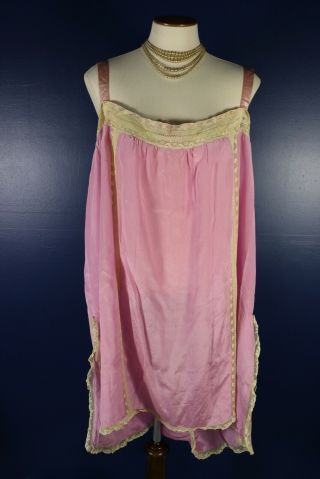 Antique 1920s Rose Pink Silk Step In Teddie Chemise Lingerie Lace Trim