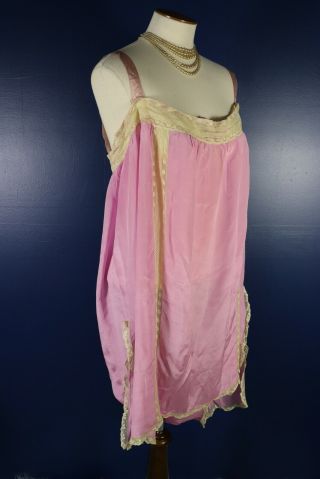 Antique 1920s Rose Pink Silk Step In Teddie Chemise Lingerie Lace Trim 2