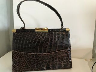 Vtg Vassar Handbag Alligator Skin Purse Brown W Coin Purse Hand Mirror