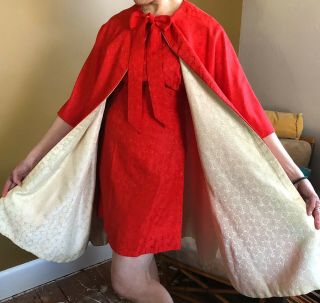 Vintage 1960’s Dress Set Jackie O’ Red Jacquard Brocade Sheath W/cape 2 Pc Set S