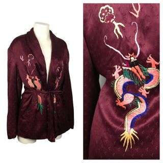 1940s Asian Jacket Top / Dragon Embroidery Tie Robe Top Unisex Xl/l