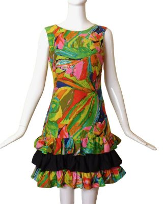 1960s Multi Color Floral Cotton Dress,  Size - 4