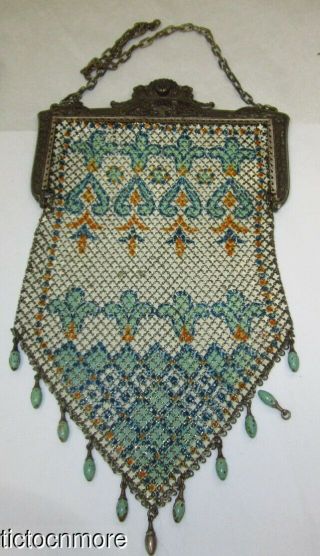 Antique Art Deco Mandalian Enamel Mesh Flapper Purse Fringed Persian Mosaic