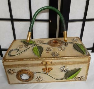 Enid Collins Wood Box Purse Handbag Floral Jewels W/ Mirror