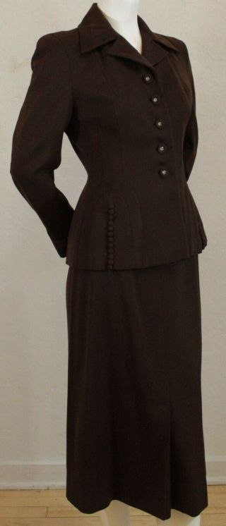 Vintage 1940s Brown Skirt Suit Wool Blend Rhinestone Buttons 25 " Waist