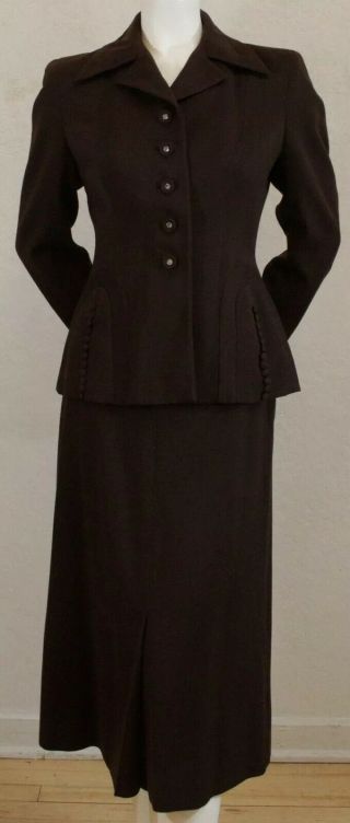 Vintage 1940s Brown Skirt Suit Wool Blend Rhinestone Buttons 25 
