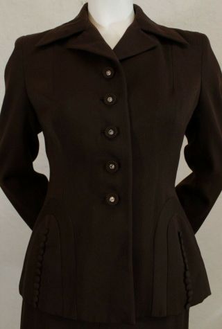 Vintage 1940s Brown Skirt Suit Wool Blend Rhinestone Buttons 25 