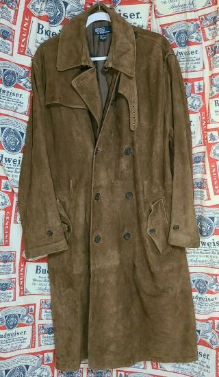 Rare Vintage Suede Leather Ralph Lauren Full Length Trench Peacoat Jacket 48 Xl