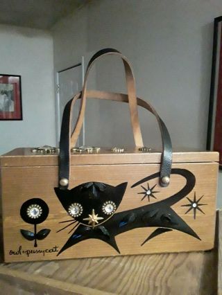 Vintage Enid Collins Of Texas Box Bag Purse Owl & Pussycat Rhinestone Correction