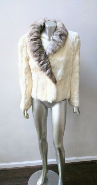 Retro Vintage Mod Cream Rabbit Fur Jacket Coat W/fox Fur Collar Sz M