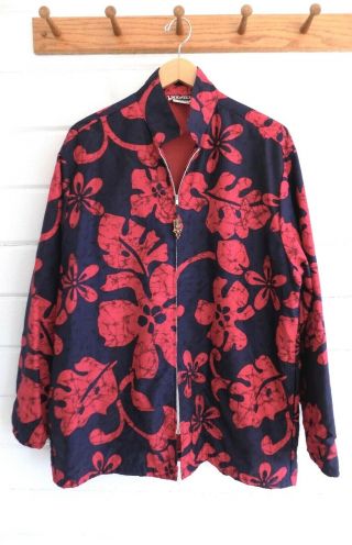 Vintage Napili Made In Hawaii Zip Up Windbreaker Jacket Tropical Print Red/navy