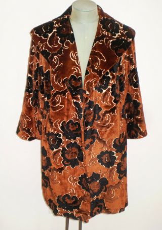 Vintage 60s Swing Coat Velvet Chenille Tapestry Carpet Brown & Black Floral M - L