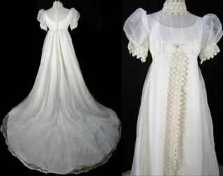 Vintage 70s Off - White Lace Illusion Wedding Dress W/train Xs Chiffon Empire Bow