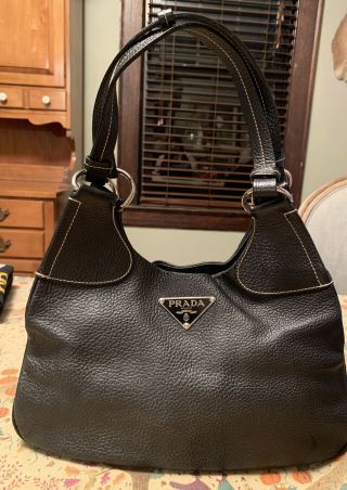 Prada Vintage Black Pebbled Leather Shoulder Bag Handbag Purse
