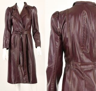 70s Vintage Leather Duster Coat Burgundy Red Womens S 4 6 1970 