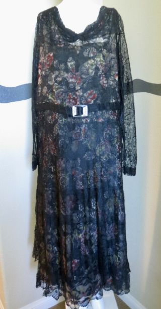 Vintage 1920s - 30s Dress Silk & Lace Lrg Sz