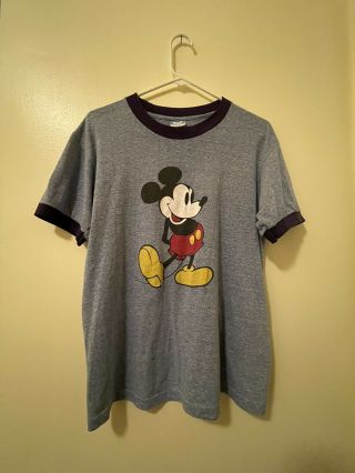 Vtg 80s Mickey Mouse Ringer Blue T Shirt Xl Disney Character Fashions Print Usa