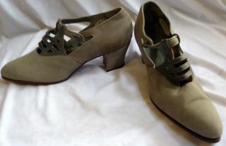 Vintage 1920s Art Deco Grey Suede & Leather Shoes Size 4 1/2