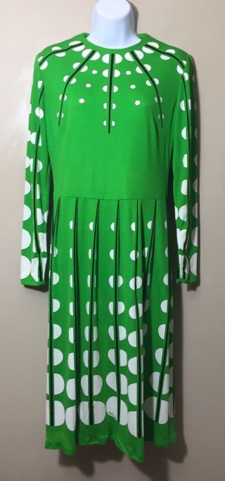 Vintage 60s 70s Mr Dino Green Black White Geometric Print Dress Mid Century Mod