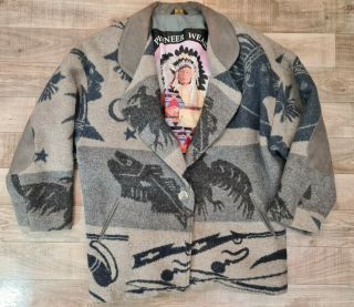 Vintage Pioneer Wear Blanket Jacket W/elbow Patch Sz 12 Aztec/navajo Gray
