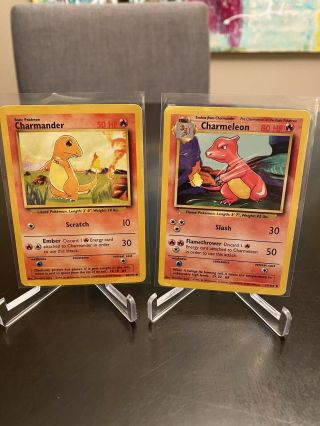Rare Vintage Pokemon Cards Base Set Charmander 46/102 And Charmeleon 24/102 Og