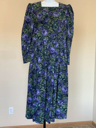 Vintage Laura Ashley Purple Floral Corduroy Long Dress Ls Sz Us 10