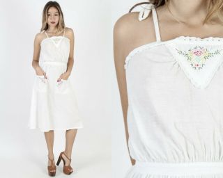 Vtg 70s India Dress Floral Embroidered White Cotton Boho Festival Pockets Mini