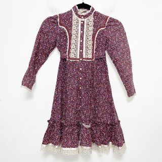 Vintage 70s Gunne Sax Floral Prairie Calico Lace Dress Girls Size 7 Cottage Core