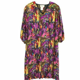 Diane Freis Womens Vintage Georgette Midi Boho Dress Size 2x Multicolor Pleated