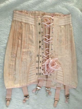 Vtg Open Bottom Girdle Corset 6 Garters Size 28 Medium Pink/peach Brocade Sears