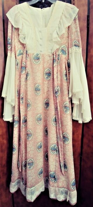1970s Gunne Sax? Maxi Dress W/huge Draped Bell Sleeves Med Size 11 Unique